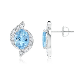 8x6mm AAAA Oval Aquamarine and Diamond Swirl Stud Earrings in P950 Platinum