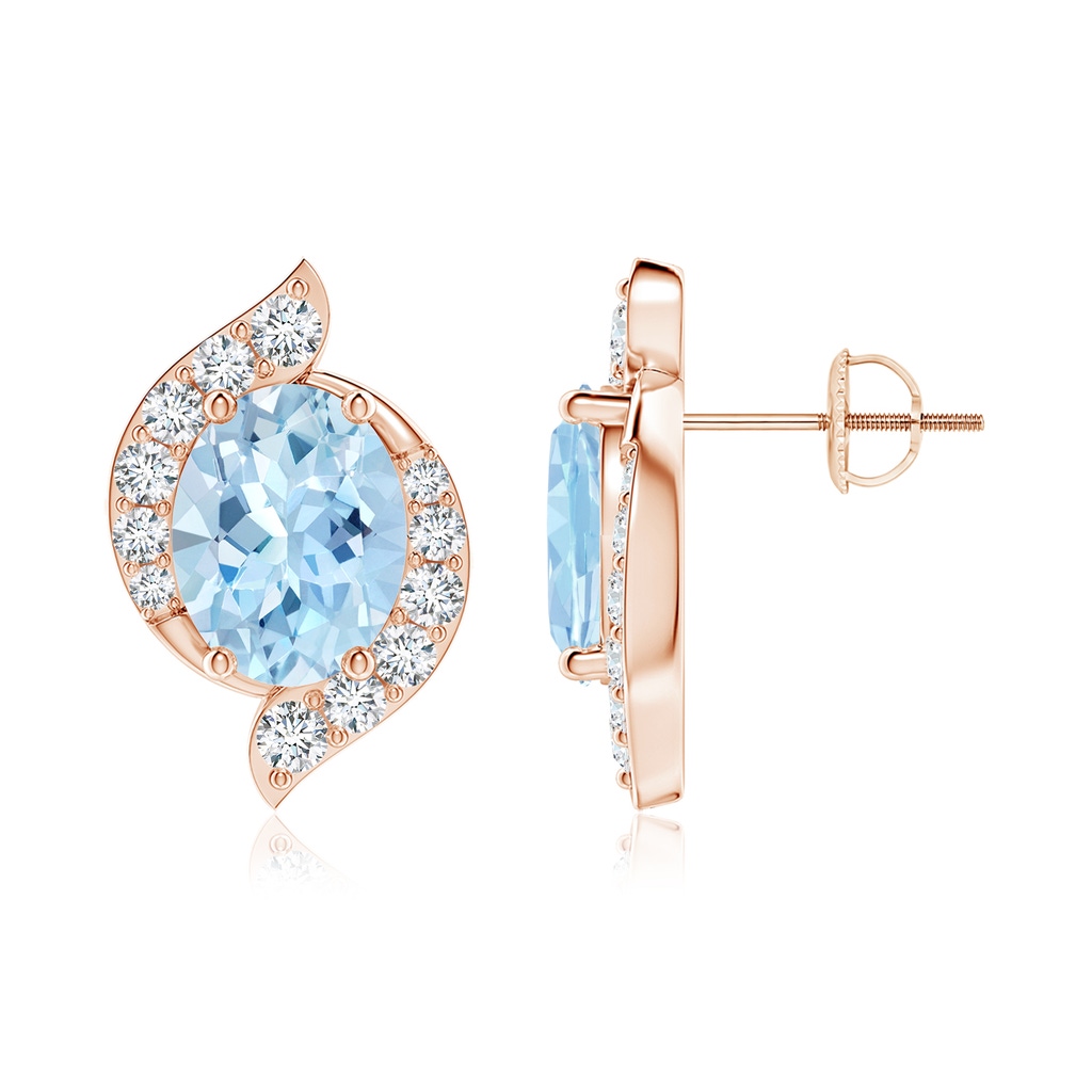 9x7mm AAA Oval Aquamarine and Diamond Swirl Stud Earrings in Rose Gold