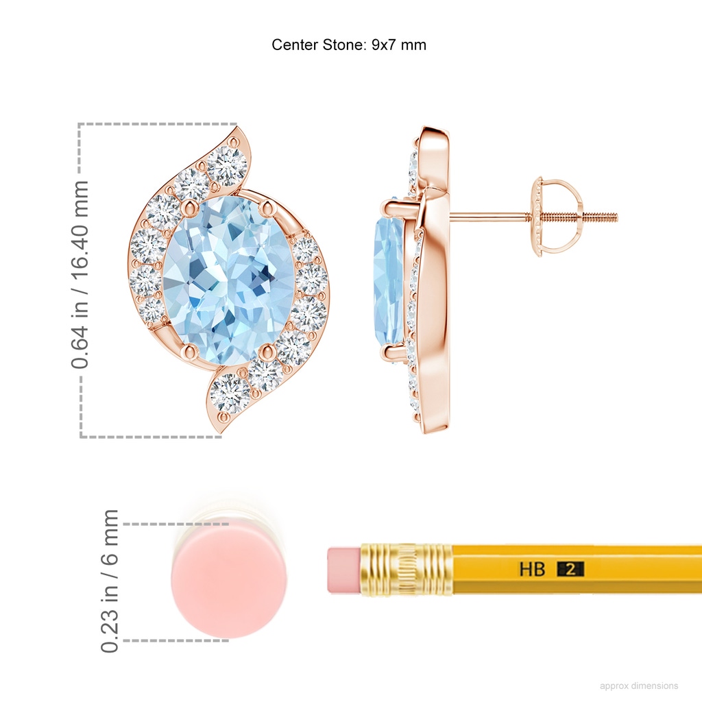 9x7mm AAA Oval Aquamarine and Diamond Swirl Stud Earrings in Rose Gold ruler