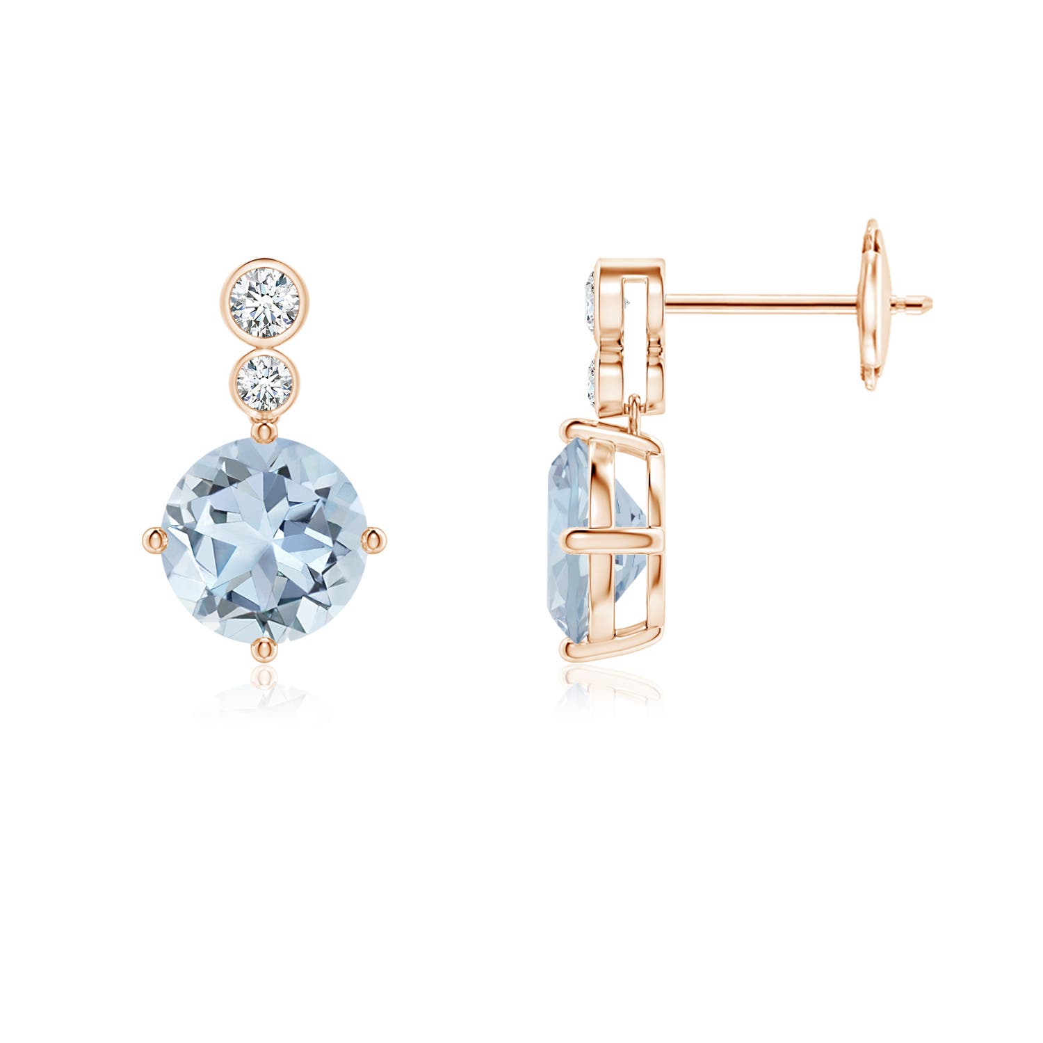 7mm A Round Aquamarine Dangle Earrings with Bezel-Set Diamonds in Rose Gold