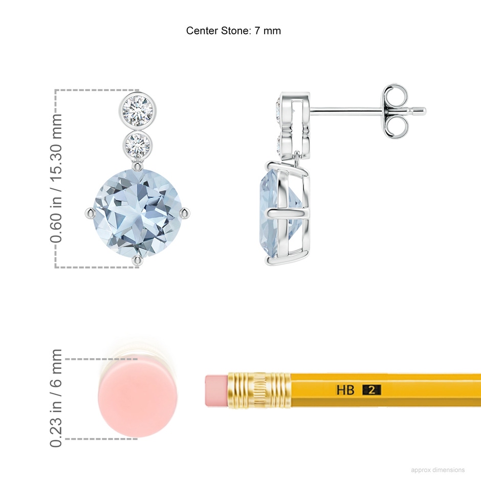7mm A Round Aquamarine Dangle Earrings with Bezel-Set Diamonds in S999 Silver ruler