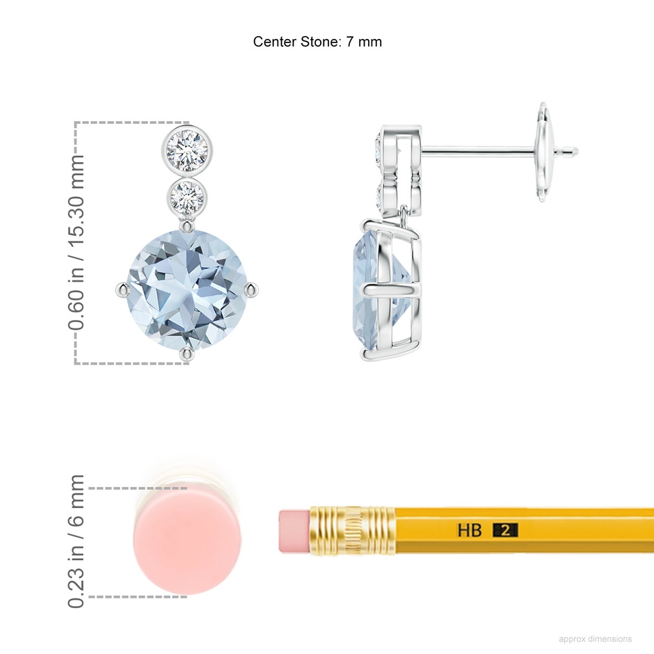 7mm A Round Aquamarine Dangle Earrings with Bezel-Set Diamonds in White Gold ruler