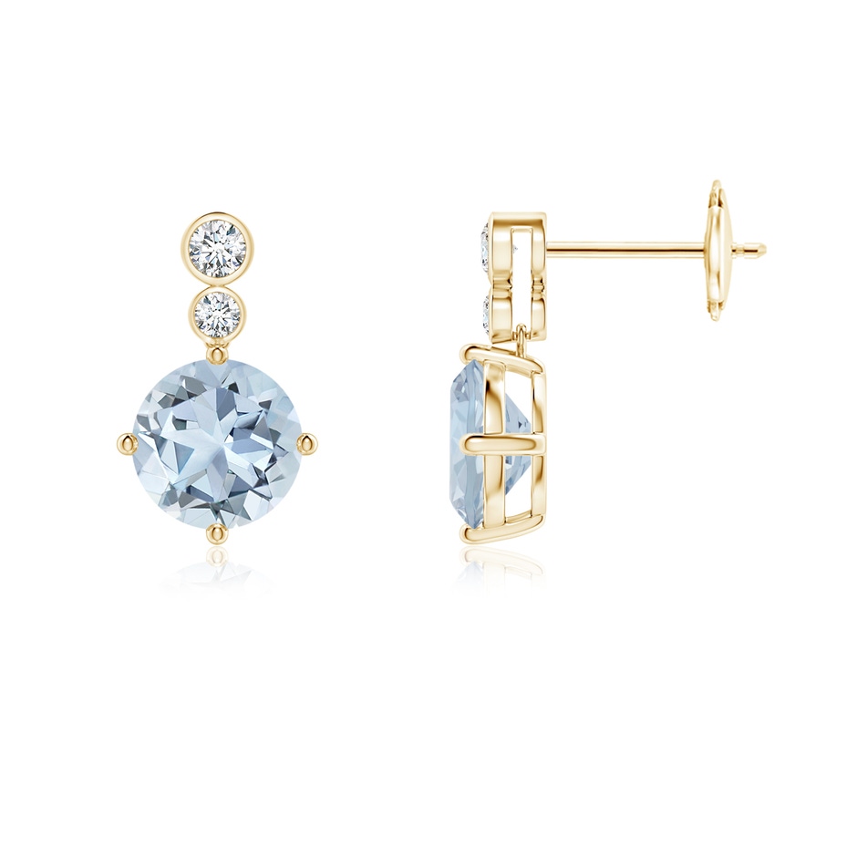 7mm A Round Aquamarine Dangle Earrings with Bezel-Set Diamonds in Yellow Gold 