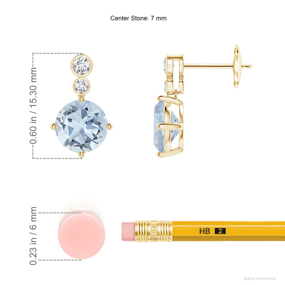 7mm A Round Aquamarine Dangle Earrings with Bezel-Set Diamonds in Yellow Gold ruler