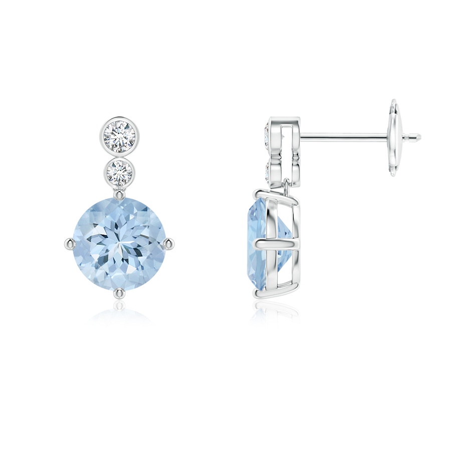 7mm AA Round Aquamarine Dangle Earrings with Bezel-Set Diamonds in White Gold 