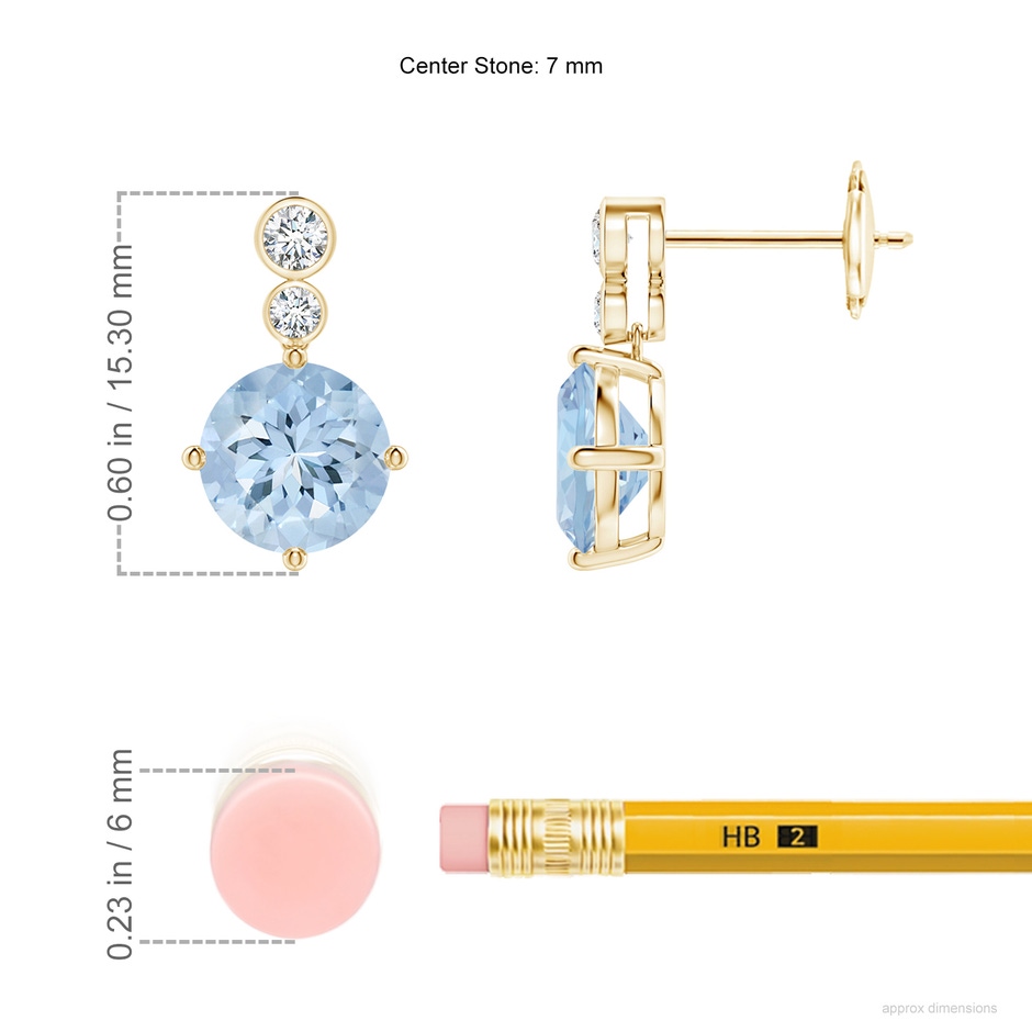 7mm AA Round Aquamarine Dangle Earrings with Bezel-Set Diamonds in Yellow Gold ruler
