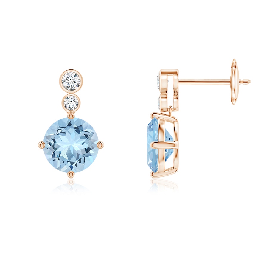 7mm AAA Round Aquamarine Dangle Earrings with Bezel-Set Diamonds in Rose Gold 