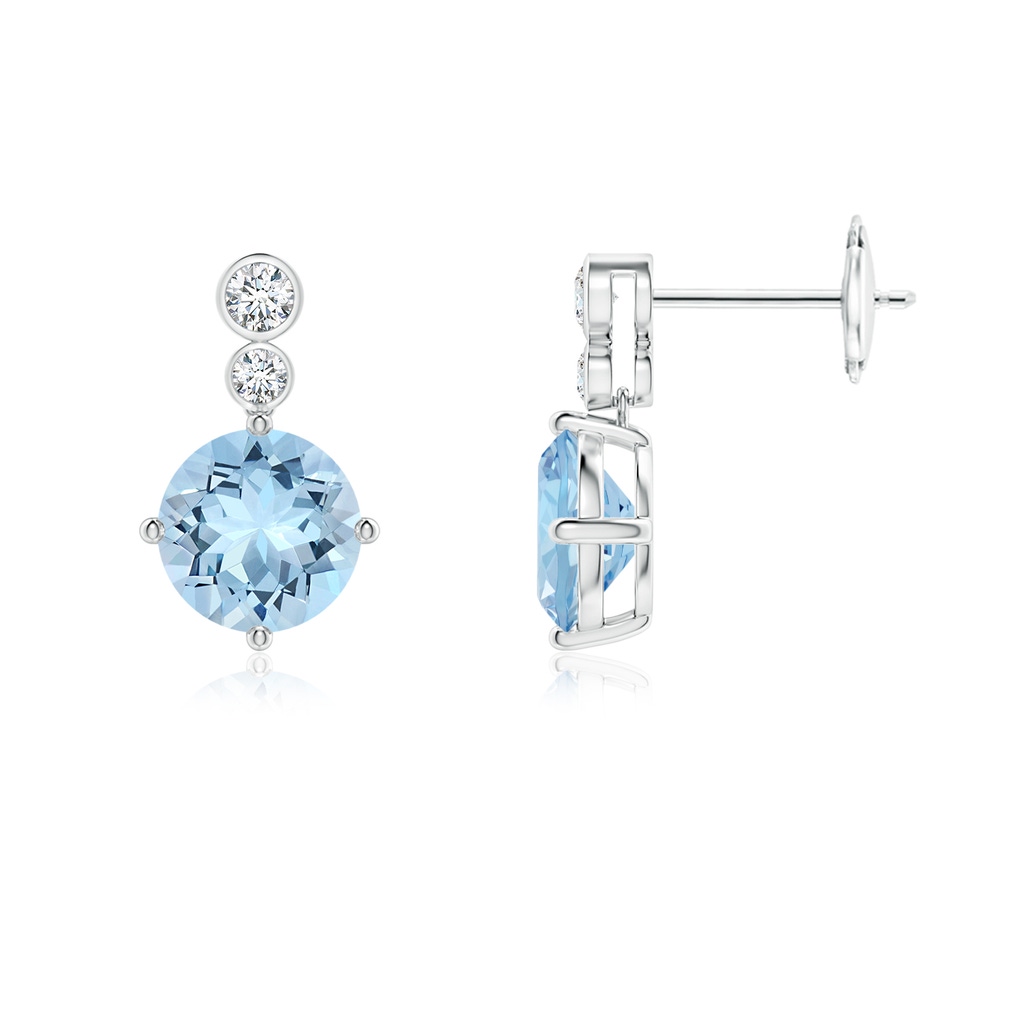 7mm AAA Round Aquamarine Dangle Earrings with Bezel-Set Diamonds in White Gold