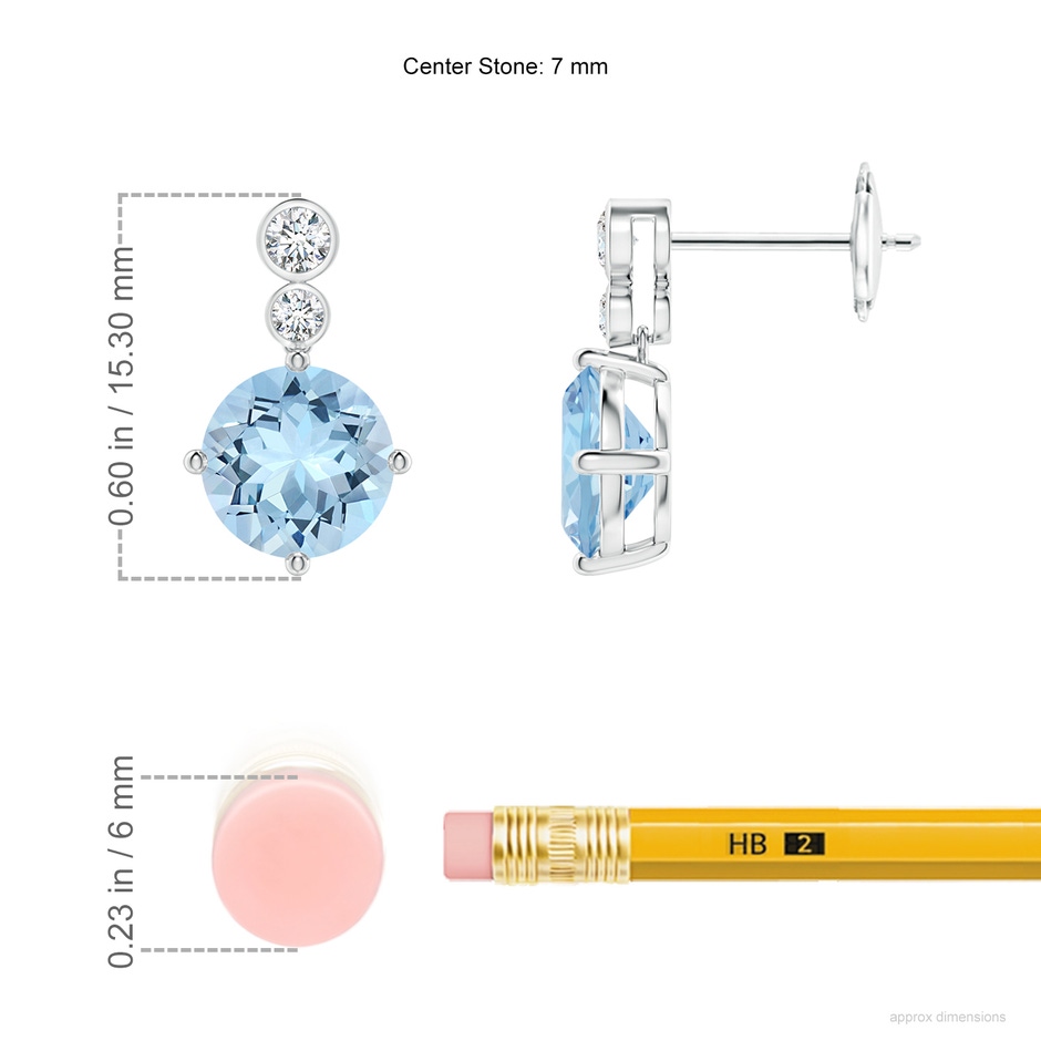 7mm AAA Round Aquamarine Dangle Earrings with Bezel-Set Diamonds in White Gold ruler