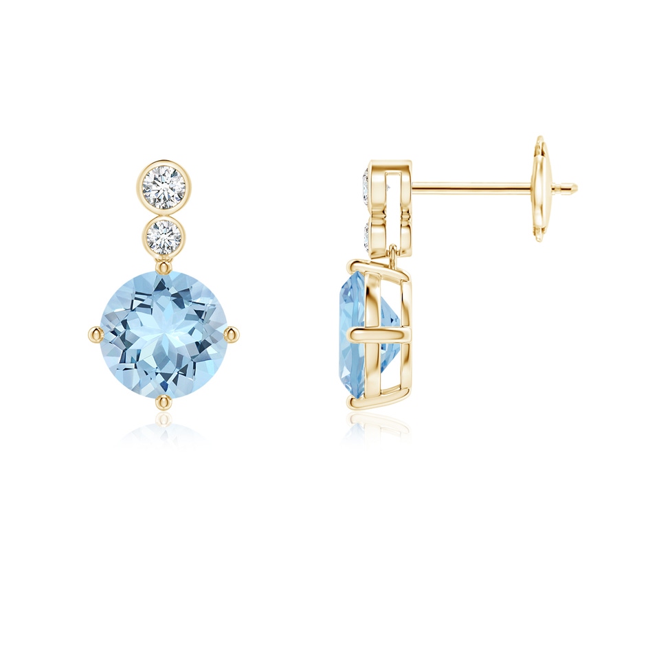 7mm AAA Round Aquamarine Dangle Earrings with Bezel-Set Diamonds in Yellow Gold 
