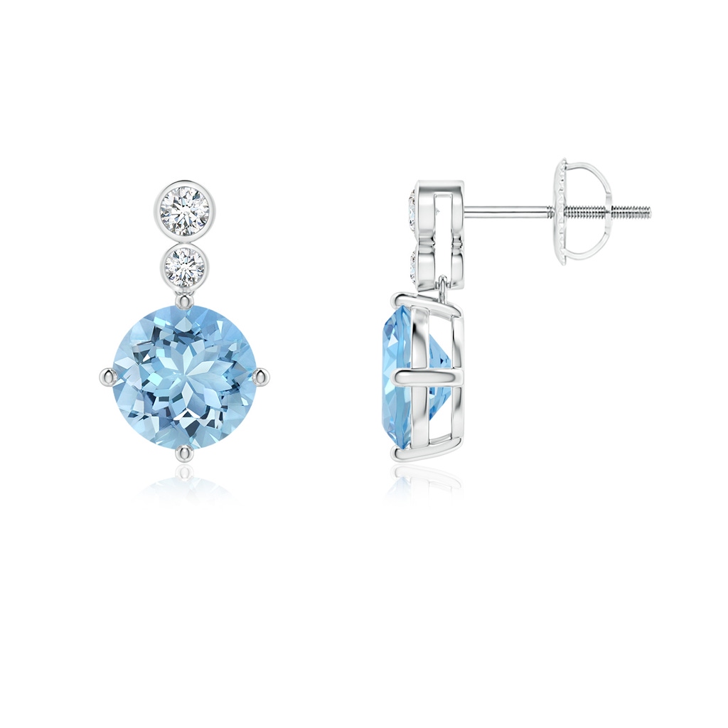 7mm AAAA Round Aquamarine Dangle Earrings with Bezel-Set Diamonds in P950 Platinum