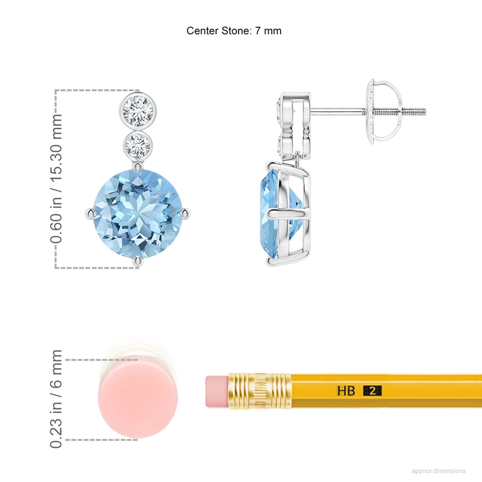 7mm AAAA Round Aquamarine Dangle Earrings with Bezel-Set Diamonds in P950 Platinum ruler