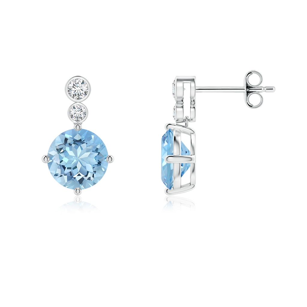 7mm AAAA Round Aquamarine Dangle Earrings with Bezel-Set Diamonds in S999 Silver