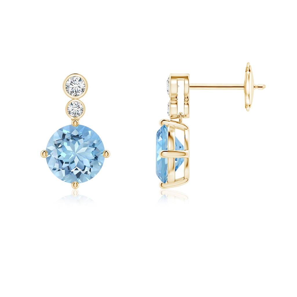 7mm AAAA Round Aquamarine Dangle Earrings with Bezel-Set Diamonds in Yellow Gold