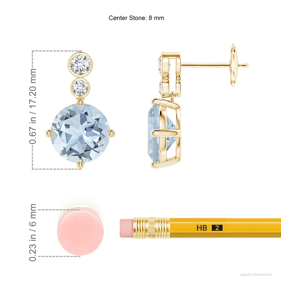 8mm A Round Aquamarine Dangle Earrings with Bezel-Set Diamonds in Yellow Gold ruler