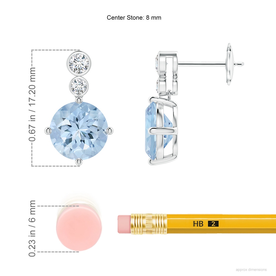 8mm AA Round Aquamarine Dangle Earrings with Bezel-Set Diamonds in White Gold ruler