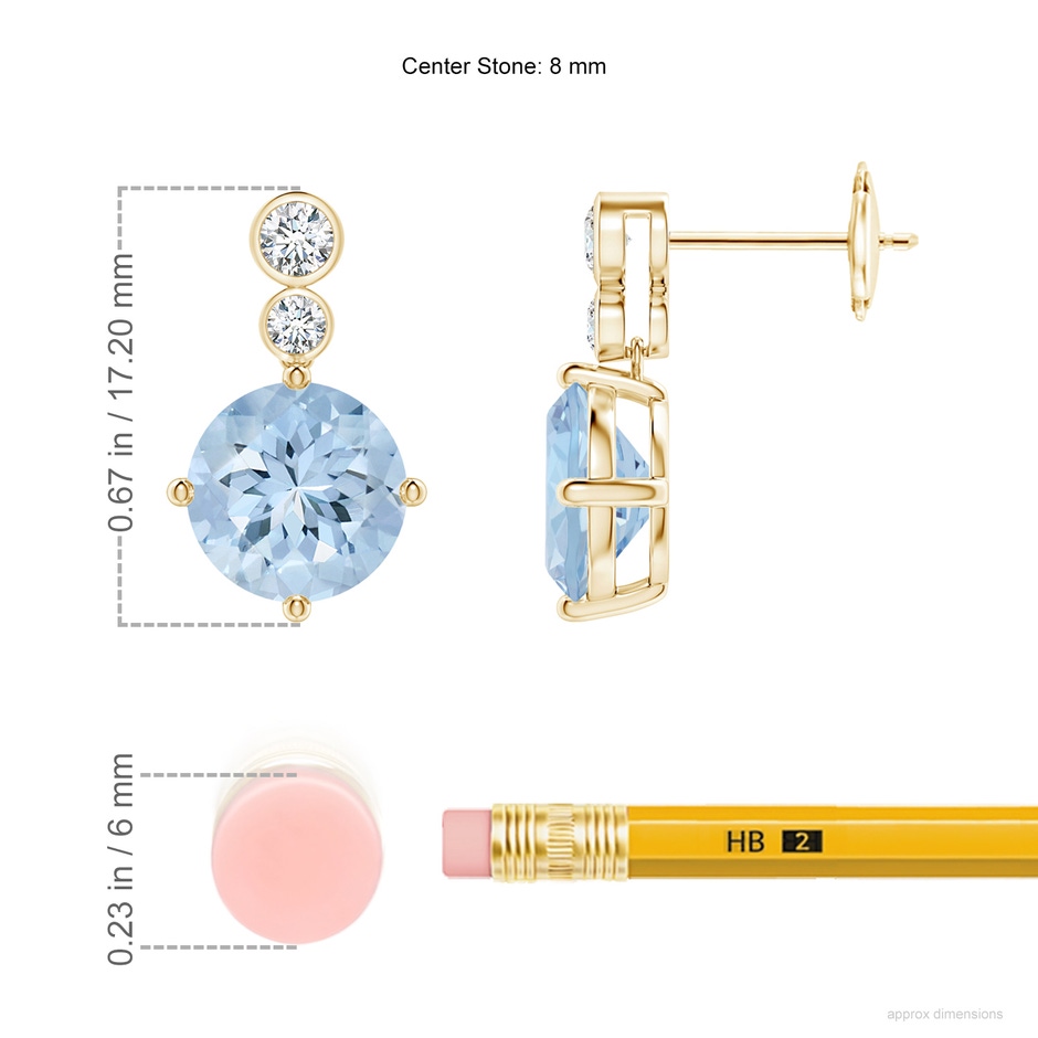8mm AA Round Aquamarine Dangle Earrings with Bezel-Set Diamonds in Yellow Gold ruler