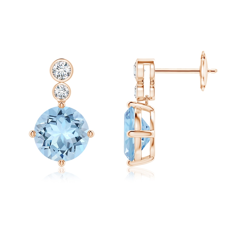 8mm AAA Round Aquamarine Dangle Earrings with Bezel-Set Diamonds in Rose Gold 