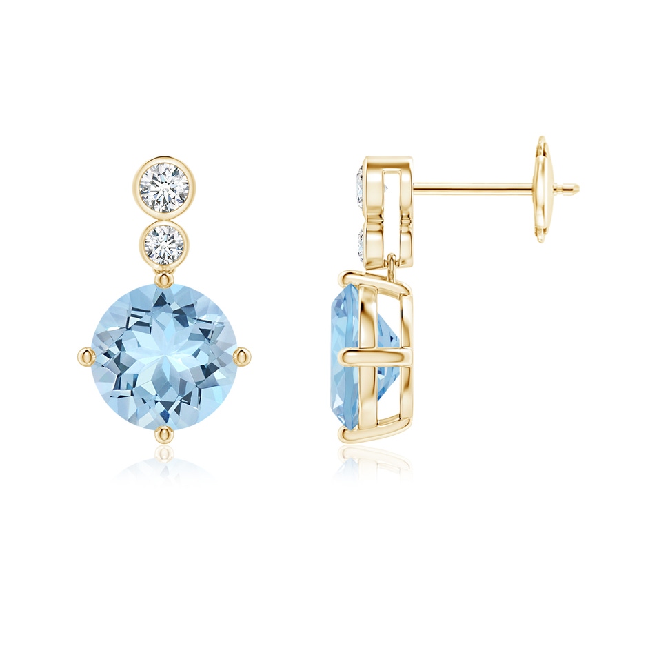 8mm AAA Round Aquamarine Dangle Earrings with Bezel-Set Diamonds in Yellow Gold 