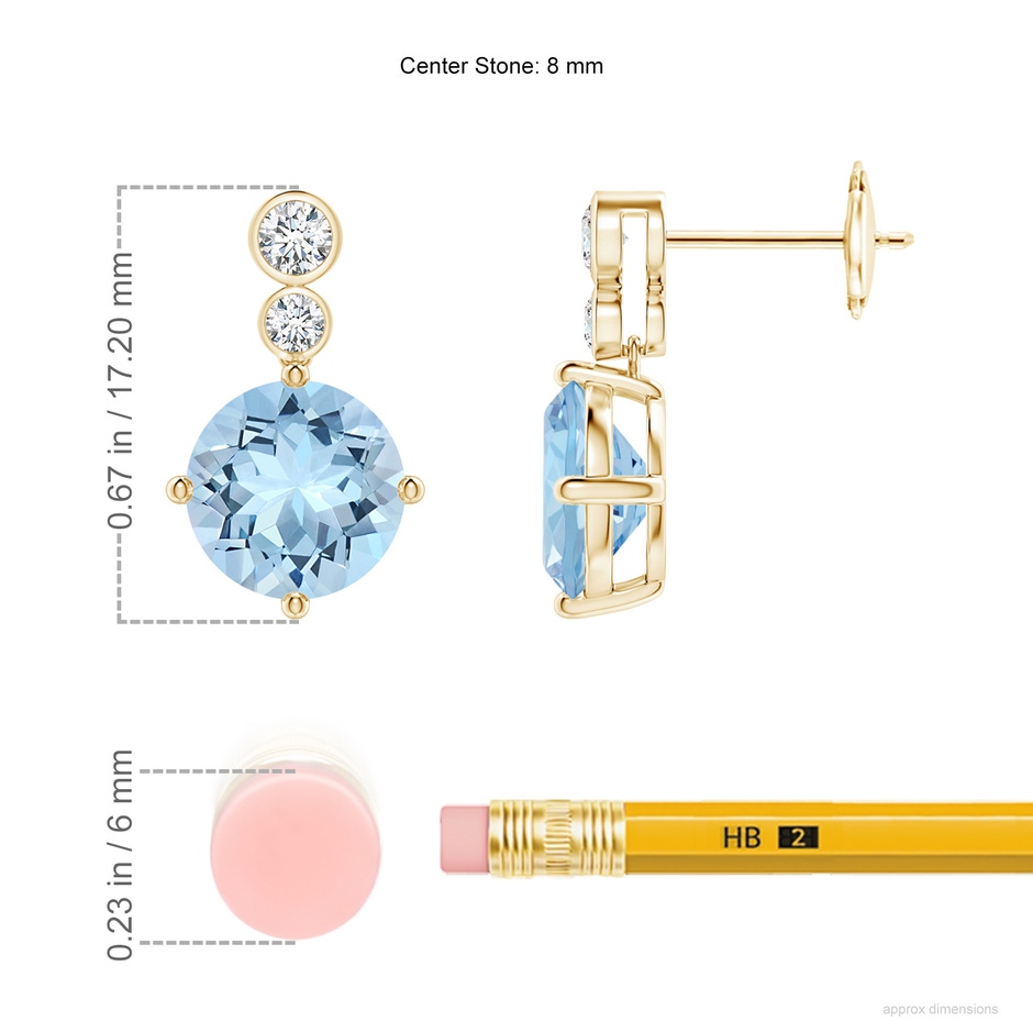 8mm AAA Round Aquamarine Dangle Earrings with Bezel-Set Diamonds in Yellow Gold ruler