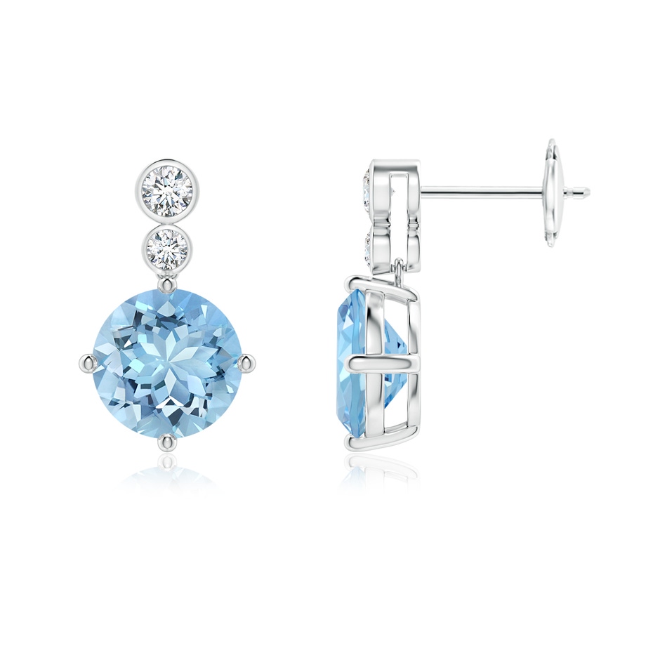 8mm AAAA Round Aquamarine Dangle Earrings with Bezel-Set Diamonds in White Gold 