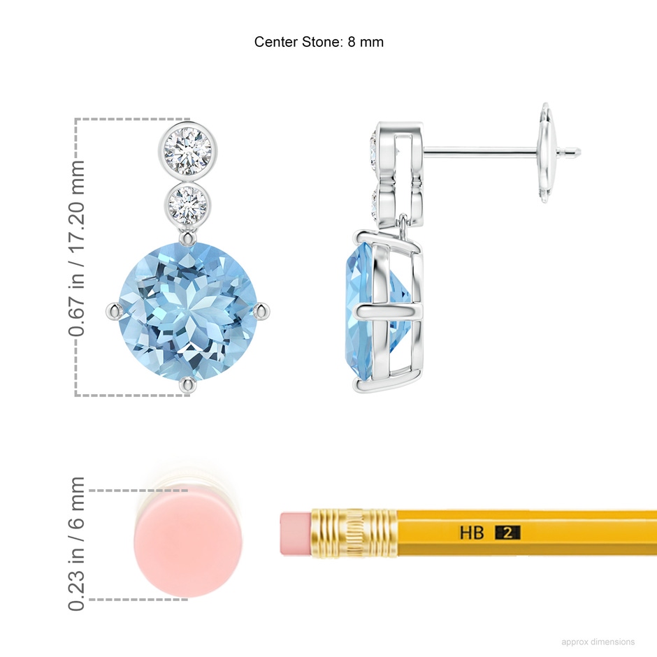 8mm AAAA Round Aquamarine Dangle Earrings with Bezel-Set Diamonds in White Gold ruler
