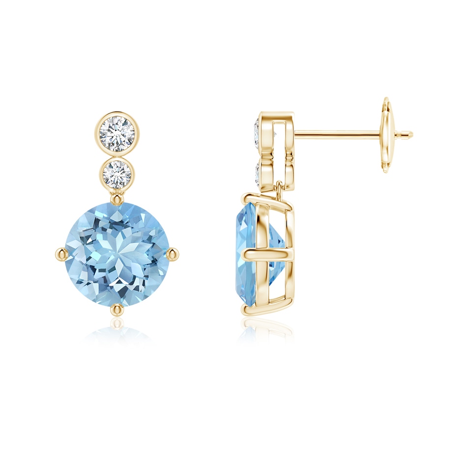 8mm AAAA Round Aquamarine Dangle Earrings with Bezel-Set Diamonds in Yellow Gold 