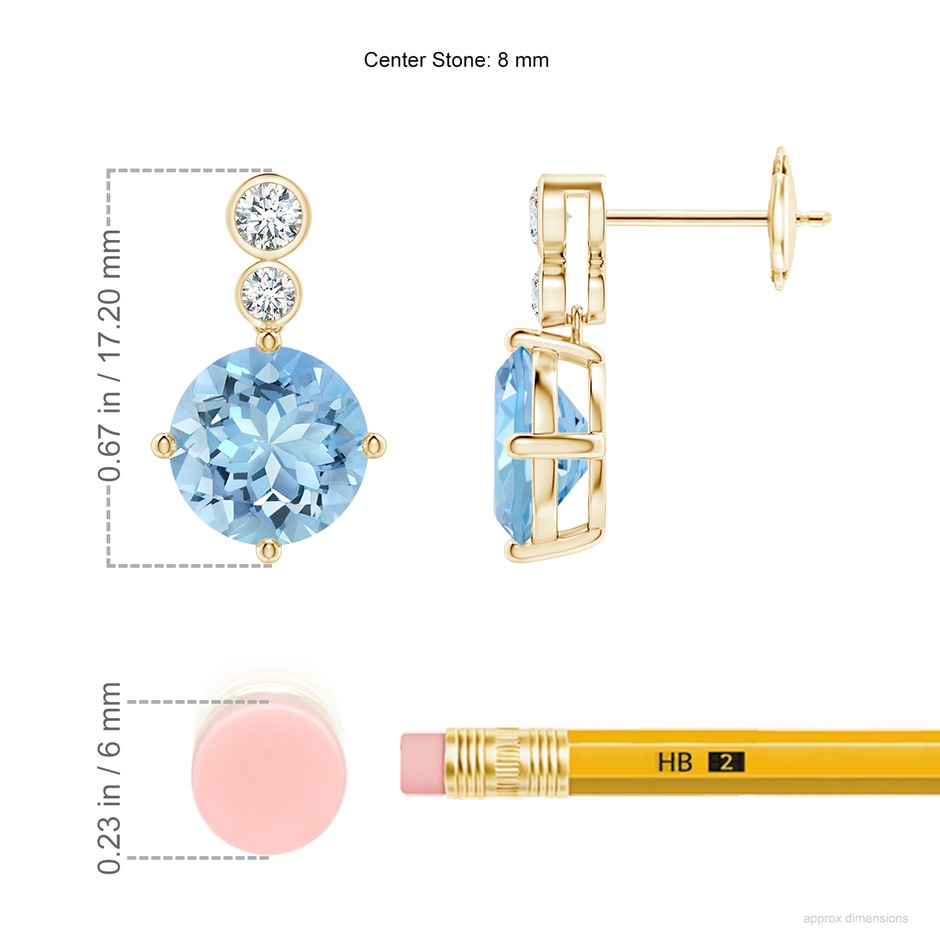8mm AAAA Round Aquamarine Dangle Earrings with Bezel-Set Diamonds in Yellow Gold ruler