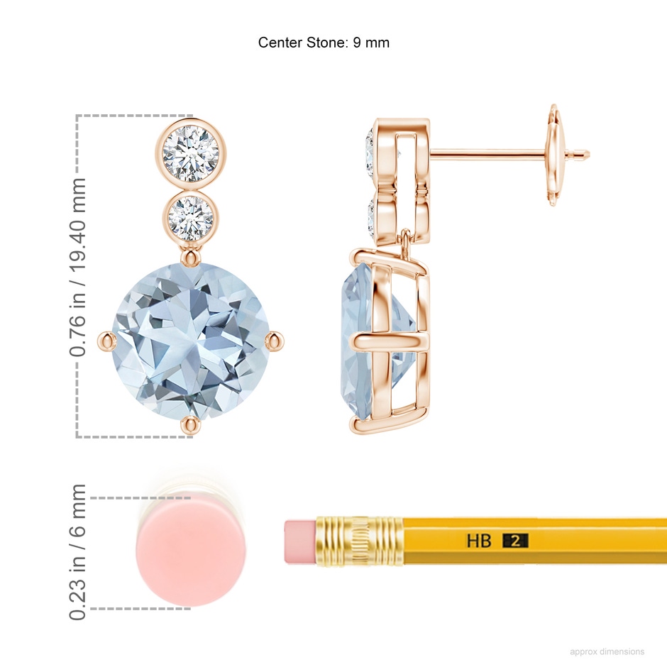 9mm A Round Aquamarine Dangle Earrings with Bezel-Set Diamonds in Rose Gold ruler