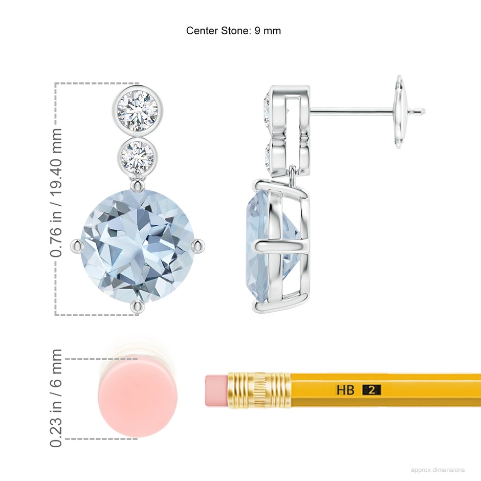 9mm A Round Aquamarine Dangle Earrings with Bezel-Set Diamonds in White Gold ruler