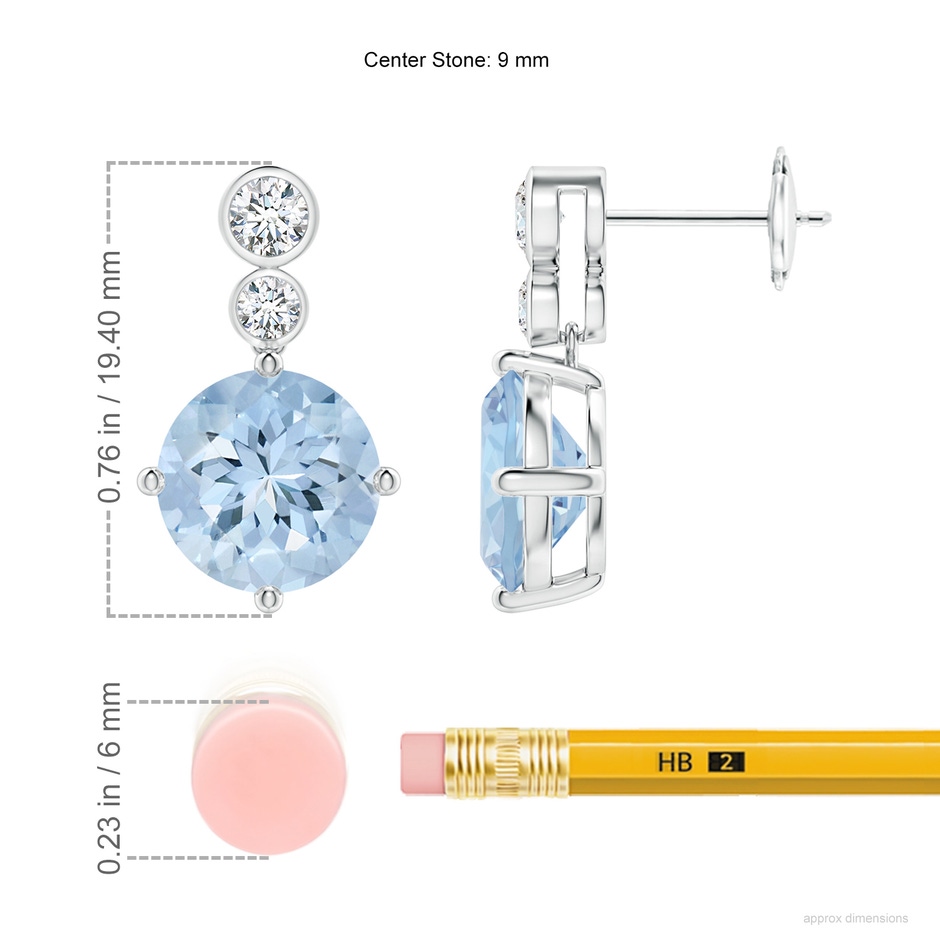 9mm AA Round Aquamarine Dangle Earrings with Bezel-Set Diamonds in White Gold ruler