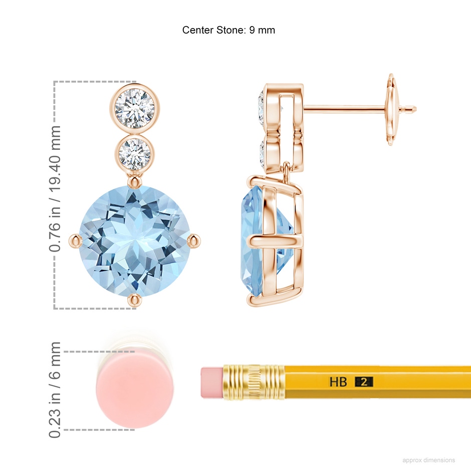 9mm AAA Round Aquamarine Dangle Earrings with Bezel-Set Diamonds in Rose Gold ruler