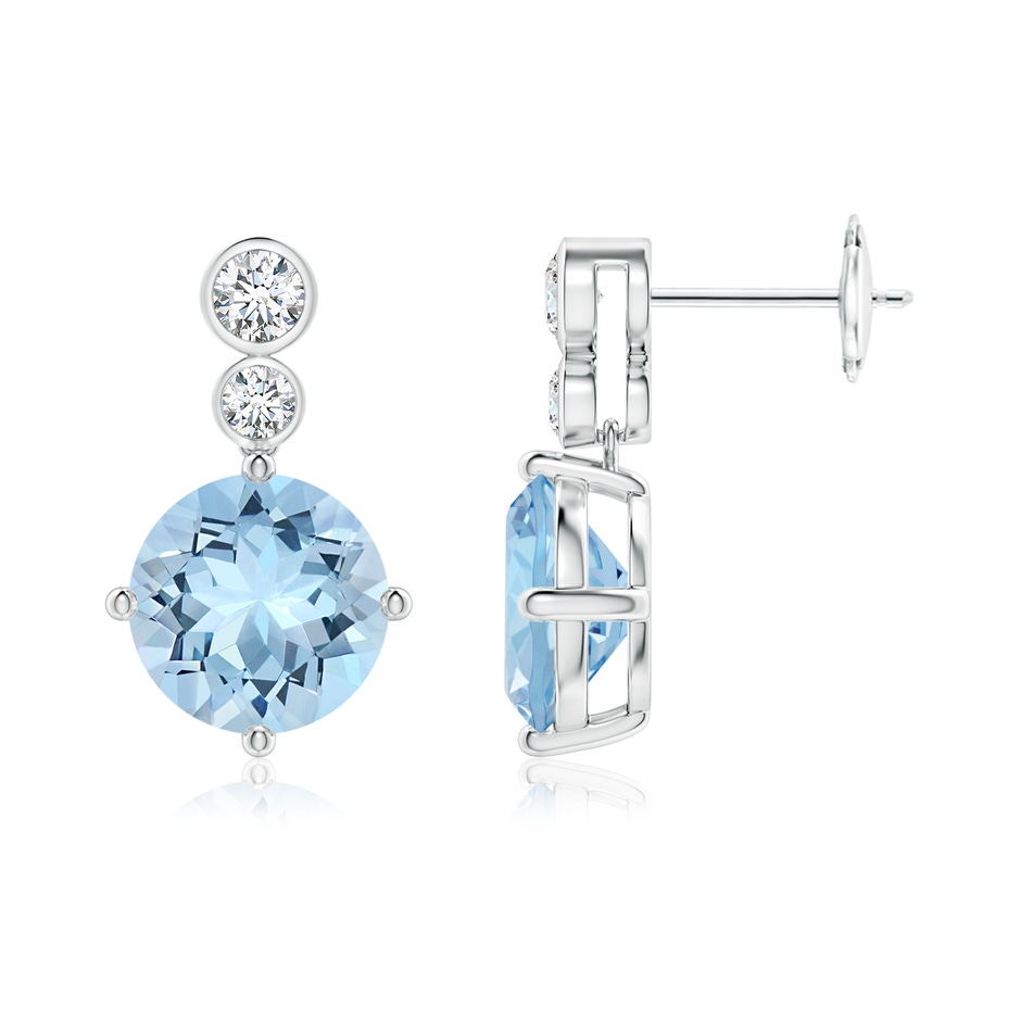 9mm AAA Round Aquamarine Dangle Earrings with Bezel-Set Diamonds in White Gold 