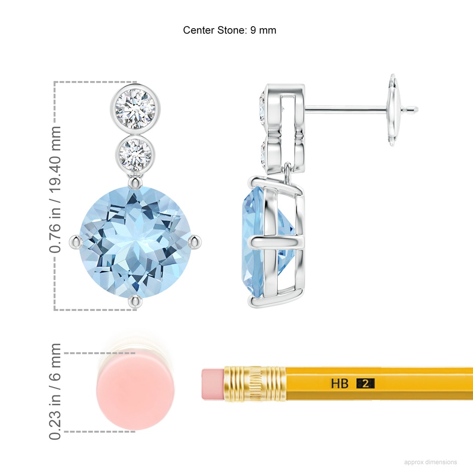 9mm AAA Round Aquamarine Dangle Earrings with Bezel-Set Diamonds in White Gold ruler