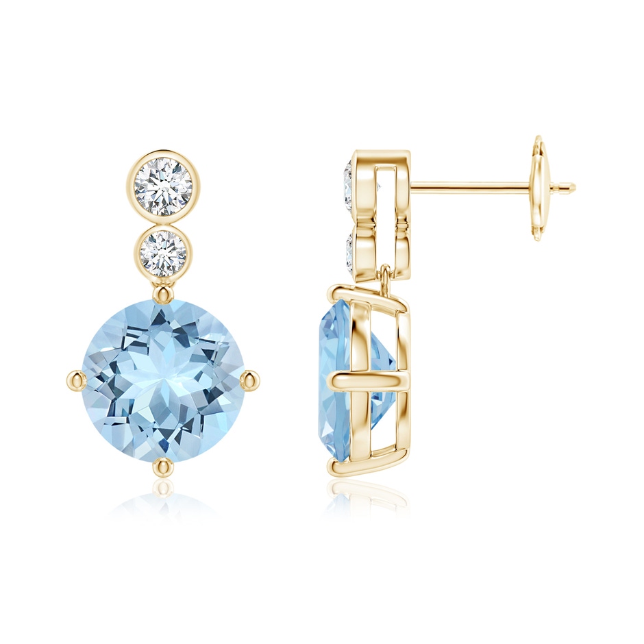 9mm AAA Round Aquamarine Dangle Earrings with Bezel-Set Diamonds in Yellow Gold 
