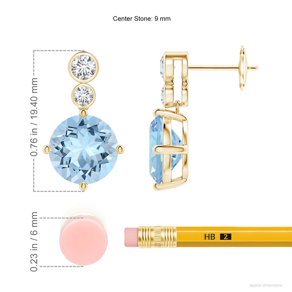 9mm AAA Round Aquamarine Dangle Earrings with Bezel-Set Diamonds in Yellow Gold ruler
