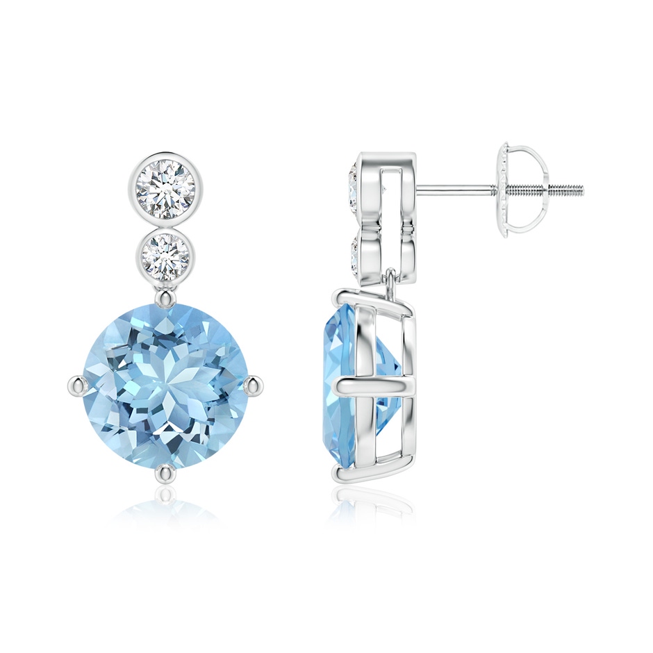 9mm AAAA Round Aquamarine Dangle Earrings with Bezel-Set Diamonds in P950 Platinum 