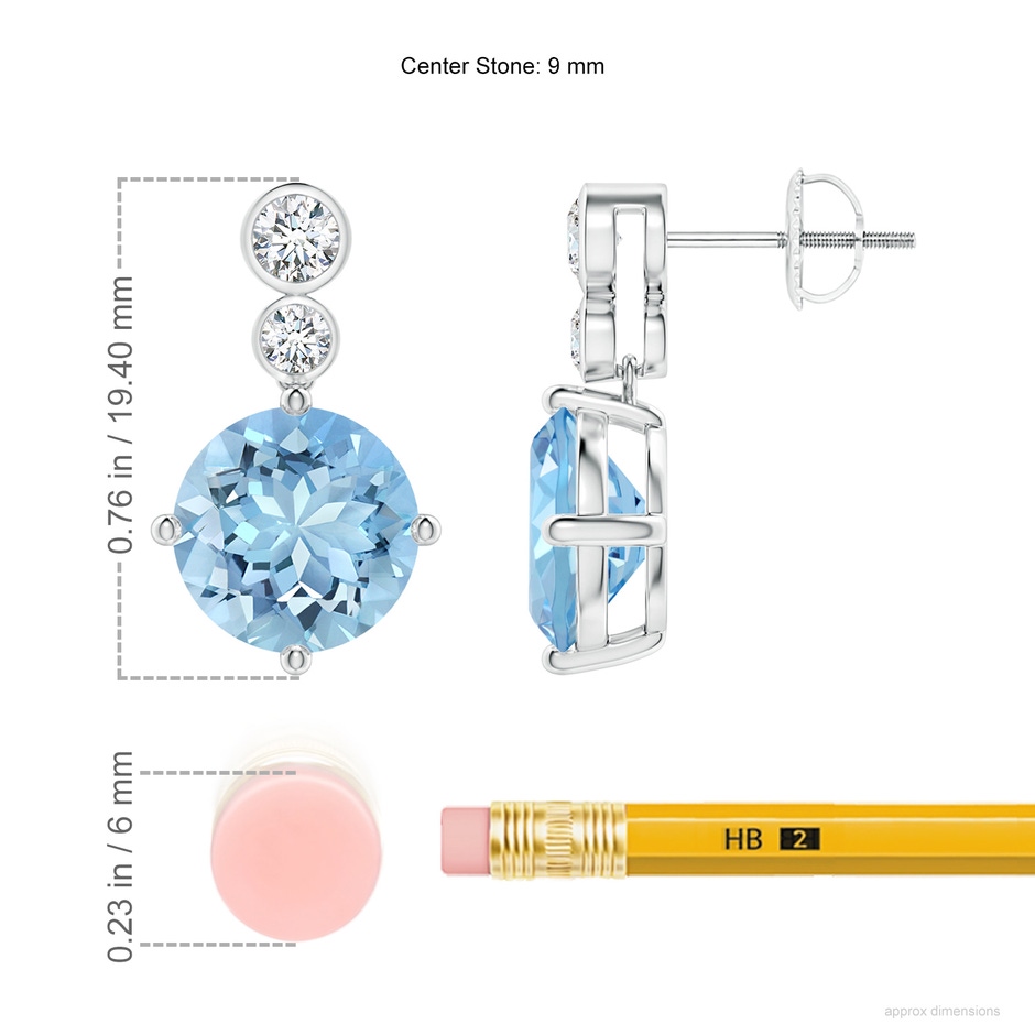 9mm AAAA Round Aquamarine Dangle Earrings with Bezel-Set Diamonds in P950 Platinum ruler