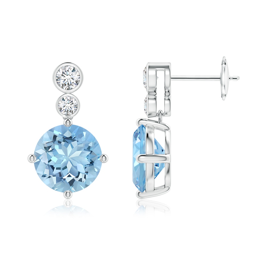 9mm AAAA Round Aquamarine Dangle Earrings with Bezel-Set Diamonds in White Gold 