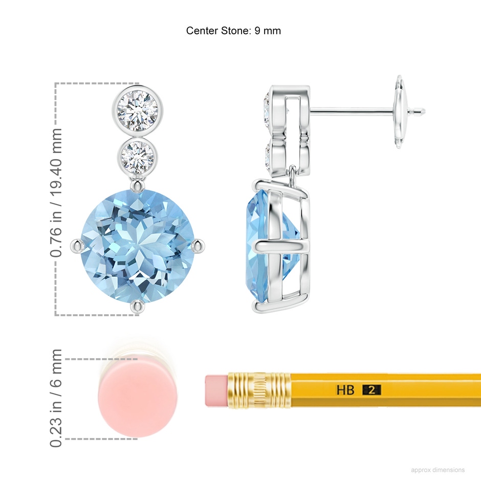 9mm AAAA Round Aquamarine Dangle Earrings with Bezel-Set Diamonds in White Gold ruler