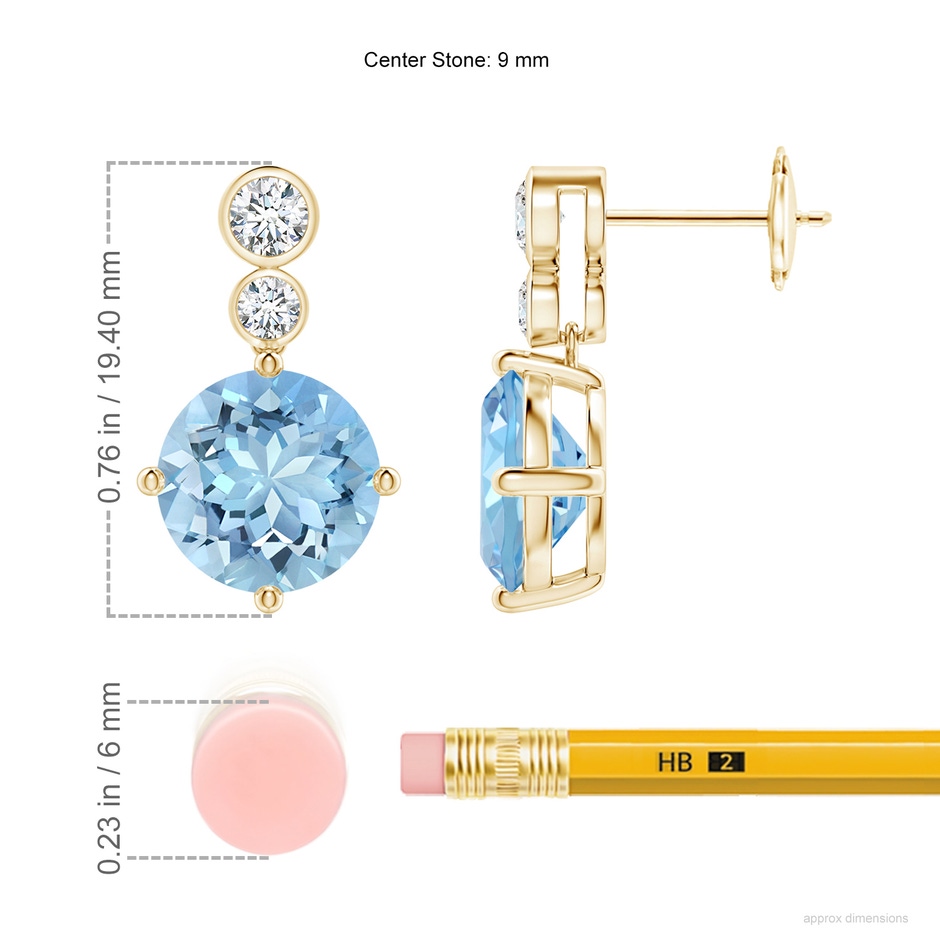 9mm AAAA Round Aquamarine Dangle Earrings with Bezel-Set Diamonds in Yellow Gold ruler