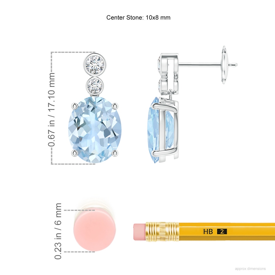 10x8mm AA Oval Aquamarine Dangle Earrings with Bezel-Set Diamonds in White Gold ruler