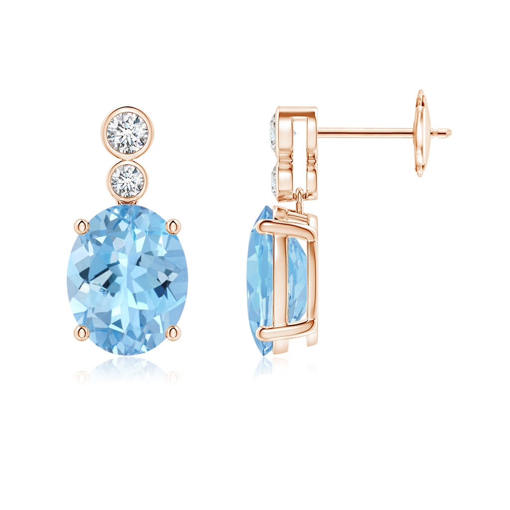 10x8mm AAAA Oval Aquamarine Dangle Earrings with Bezel-Set Diamonds in Rose Gold