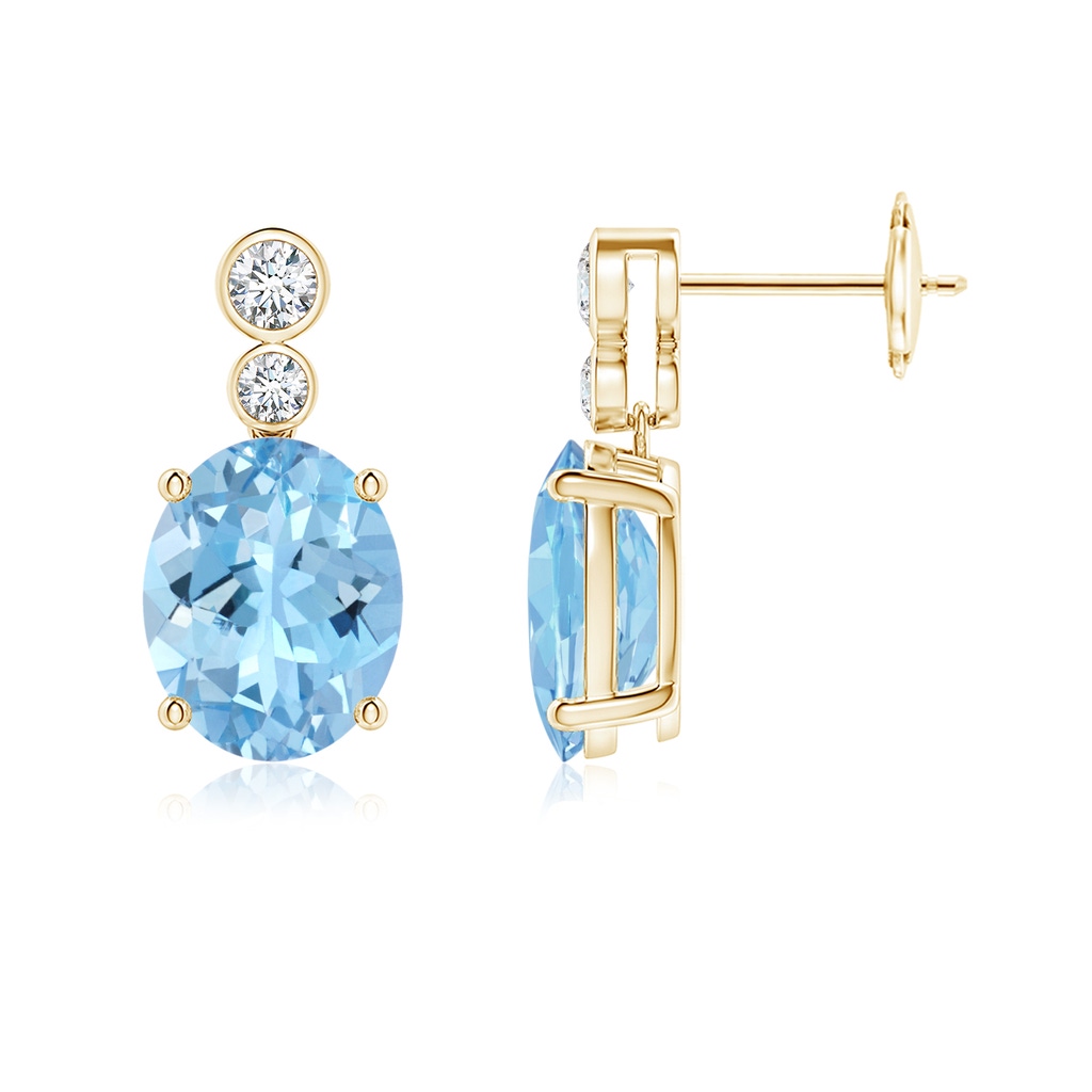 10x8mm AAAA Oval Aquamarine Dangle Earrings with Bezel-Set Diamonds in Yellow Gold