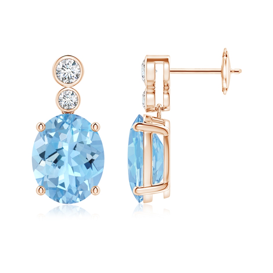 11x9mm AAAA Oval Aquamarine Dangle Earrings with Bezel-Set Diamonds in Rose Gold 