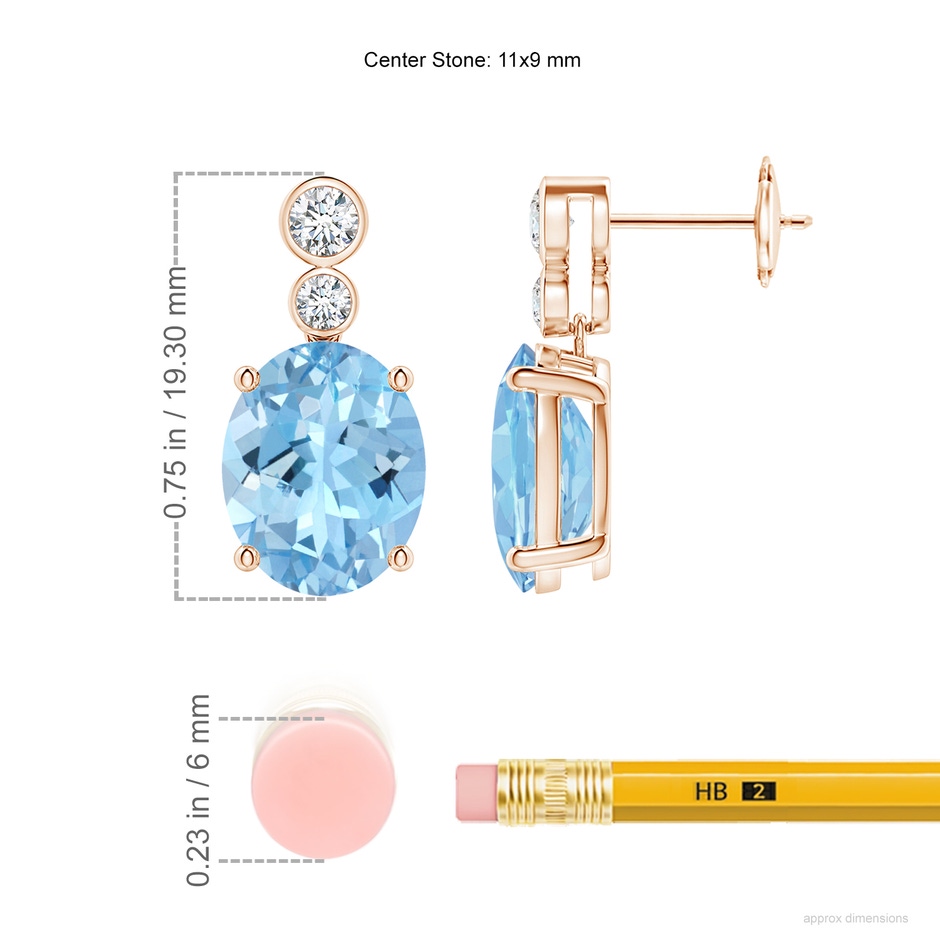 11x9mm AAAA Oval Aquamarine Dangle Earrings with Bezel-Set Diamonds in Rose Gold ruler