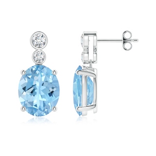 11x9mm AAAA Oval Aquamarine Dangle Earrings with Bezel-Set Diamonds in S999 Silver