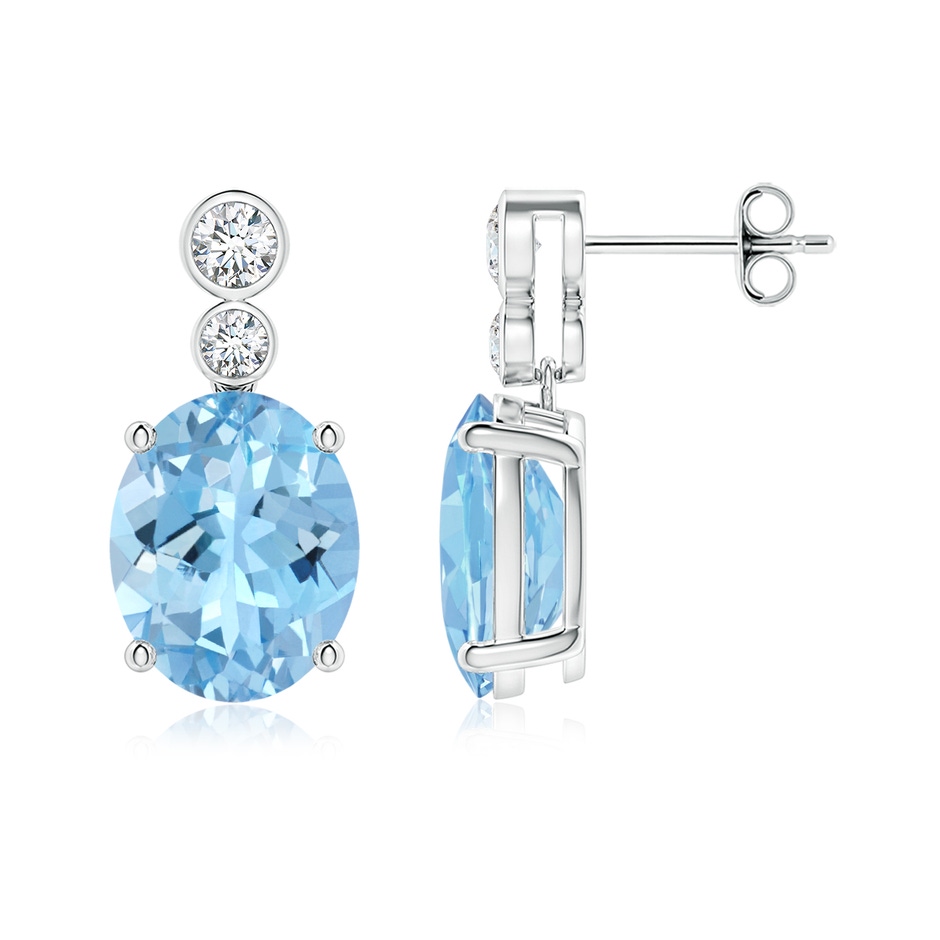 11x9mm AAAA Oval Aquamarine Dangle Earrings with Bezel-Set Diamonds in S999 Silver 