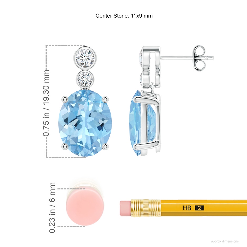 11x9mm AAAA Oval Aquamarine Dangle Earrings with Bezel-Set Diamonds in S999 Silver ruler
