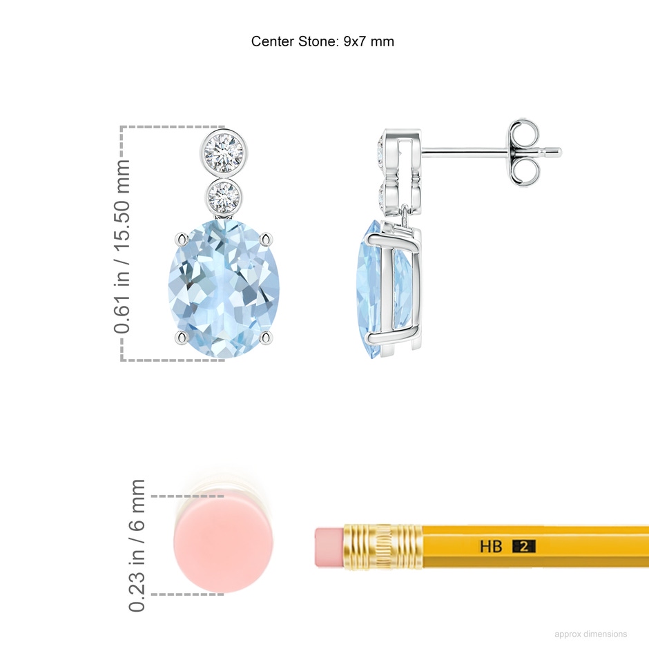 9x7mm AA Oval Aquamarine Dangle Earrings with Bezel-Set Diamonds in S999 Silver ruler